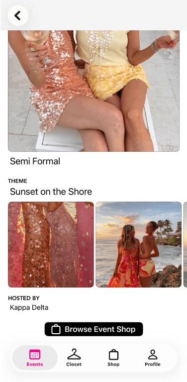 üüps app event page showing Semi Formal event with Sunset on the Shore theme and Browse Event Shop button