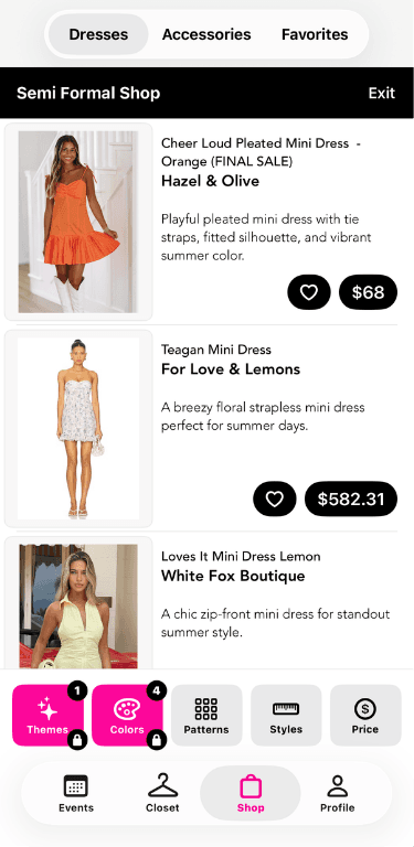 üüps event shop showing dresses filtered for Semi Formal with themes, colors, patterns and price filters
