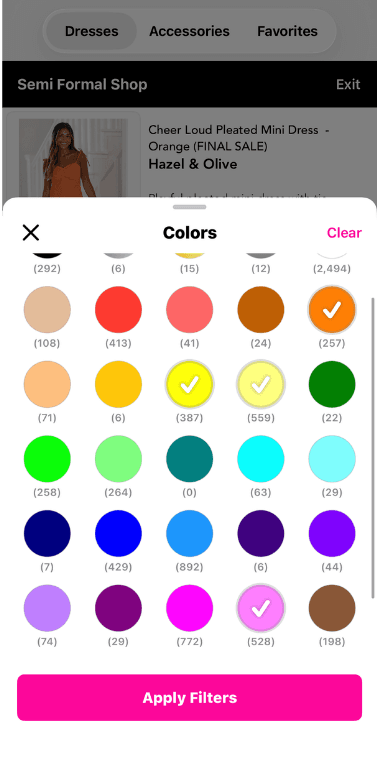 üüps event shop colors filter showing color swatches to refine dress search