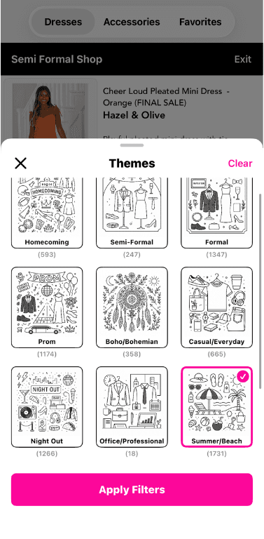 üüps event shop themes filter showing event categories like Prom, Formal, Semi-Formal and more