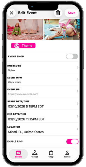 üüps app edit event screen showing theme, dress code and event details