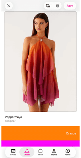 üüps app closet screen showing a dress saved to your closet