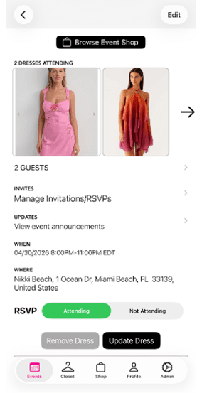 üüps app event detail screen showing dresses attending