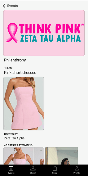 Zeta Tau Alpha Philanthropy event — Think Pink with pink short dress theme